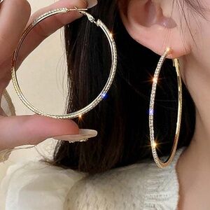 Gold Rhinestone Hoop Earrings Large Statement Hoop